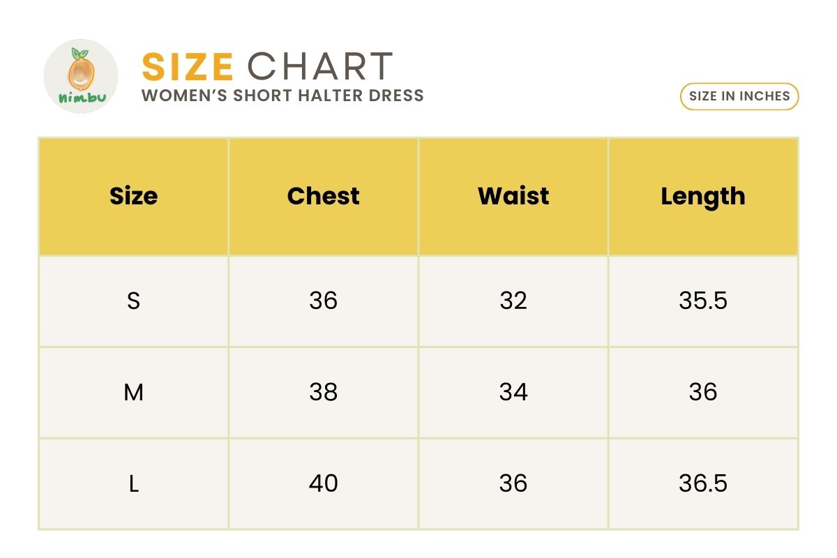 Size guide for Eden Skyfall Women's Short Halter in Midnight Blue in Muslin Cotton