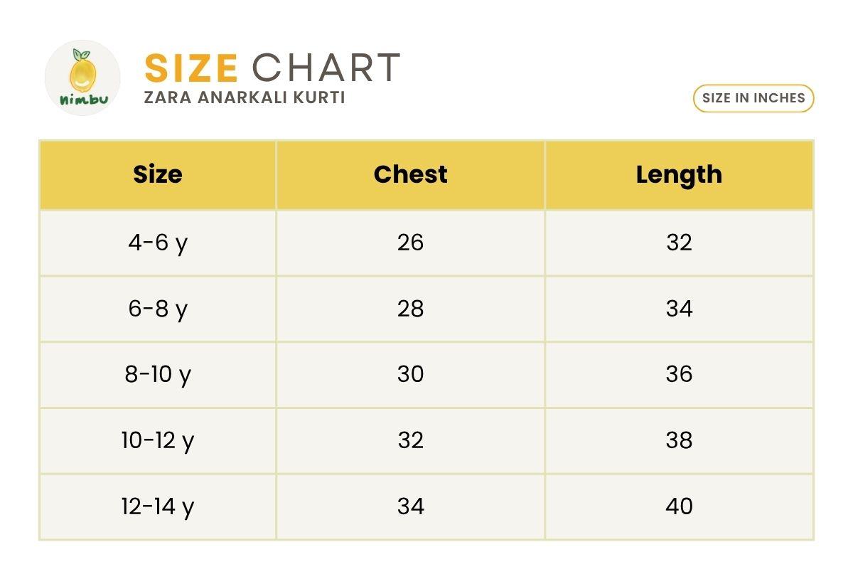 Size guide for Zara Anarkali Kurti in Black & White Shimmer Khari Print with Soft Cotton Leggings