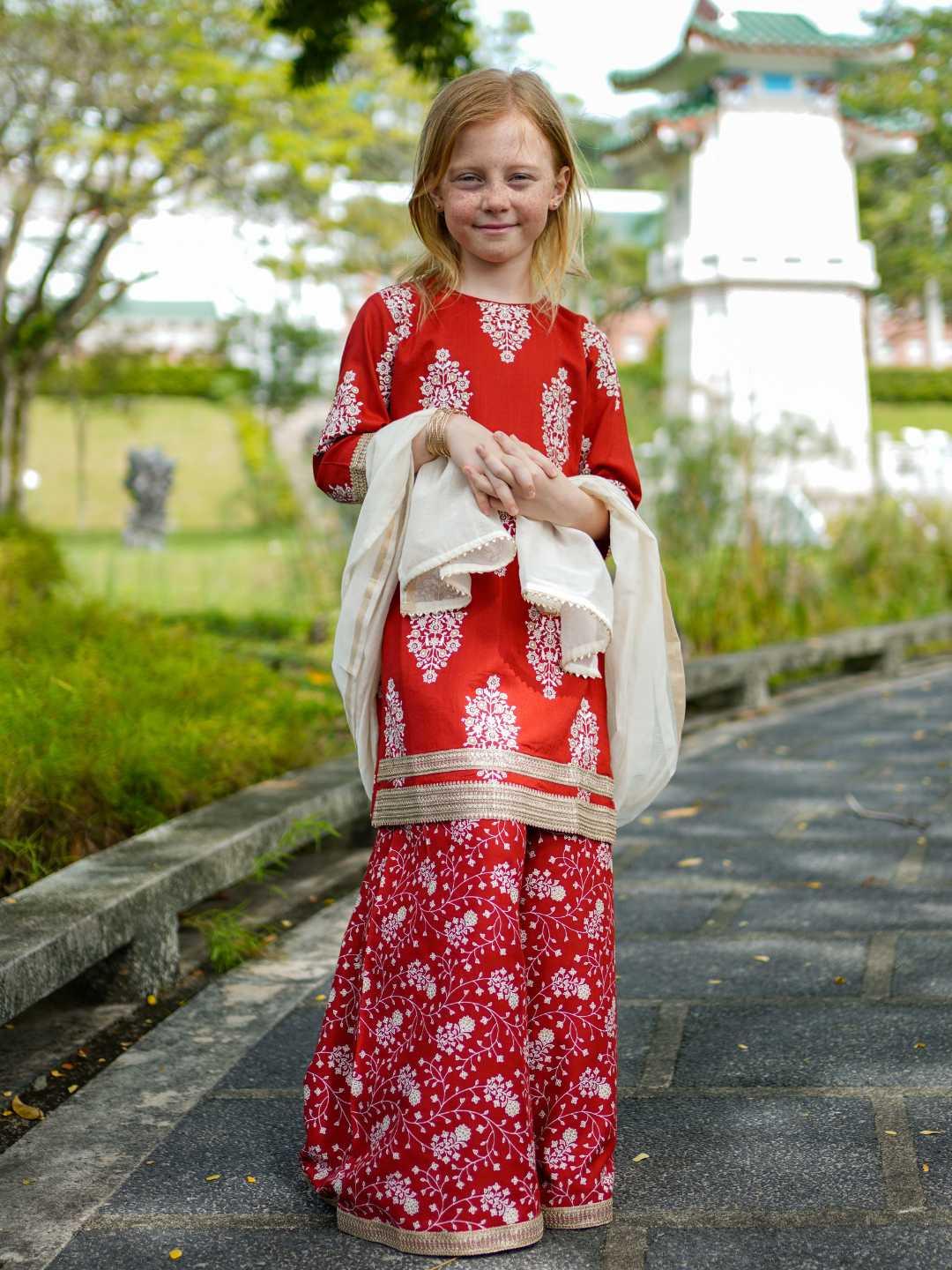 Zeena Red Girls Palazzo Kurta Set in Cotton