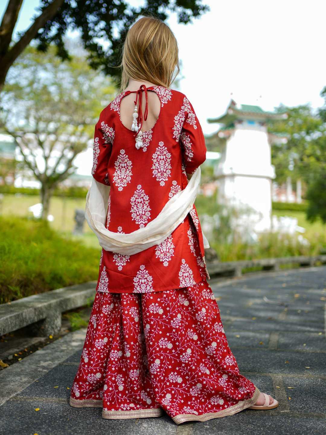 Zeena Red Girls Palazzo Kurta Set in Cotton