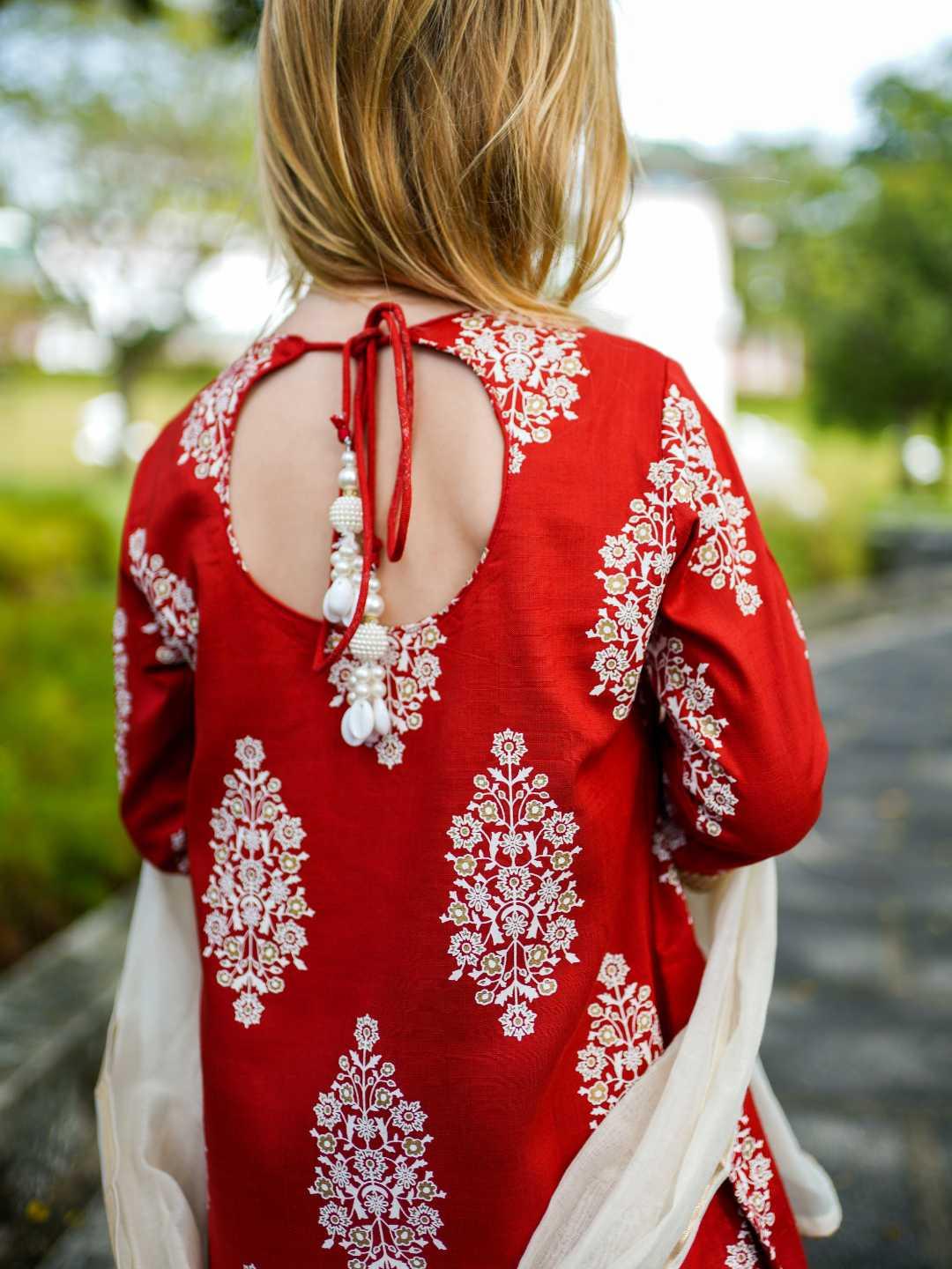 Zeena Red Girls Palazzo Kurta Set in Cotton