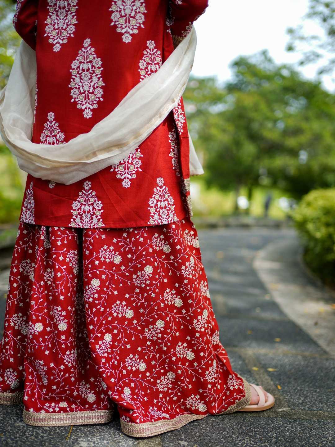 Zeena Red Girls Palazzo Kurta Set in Cotton