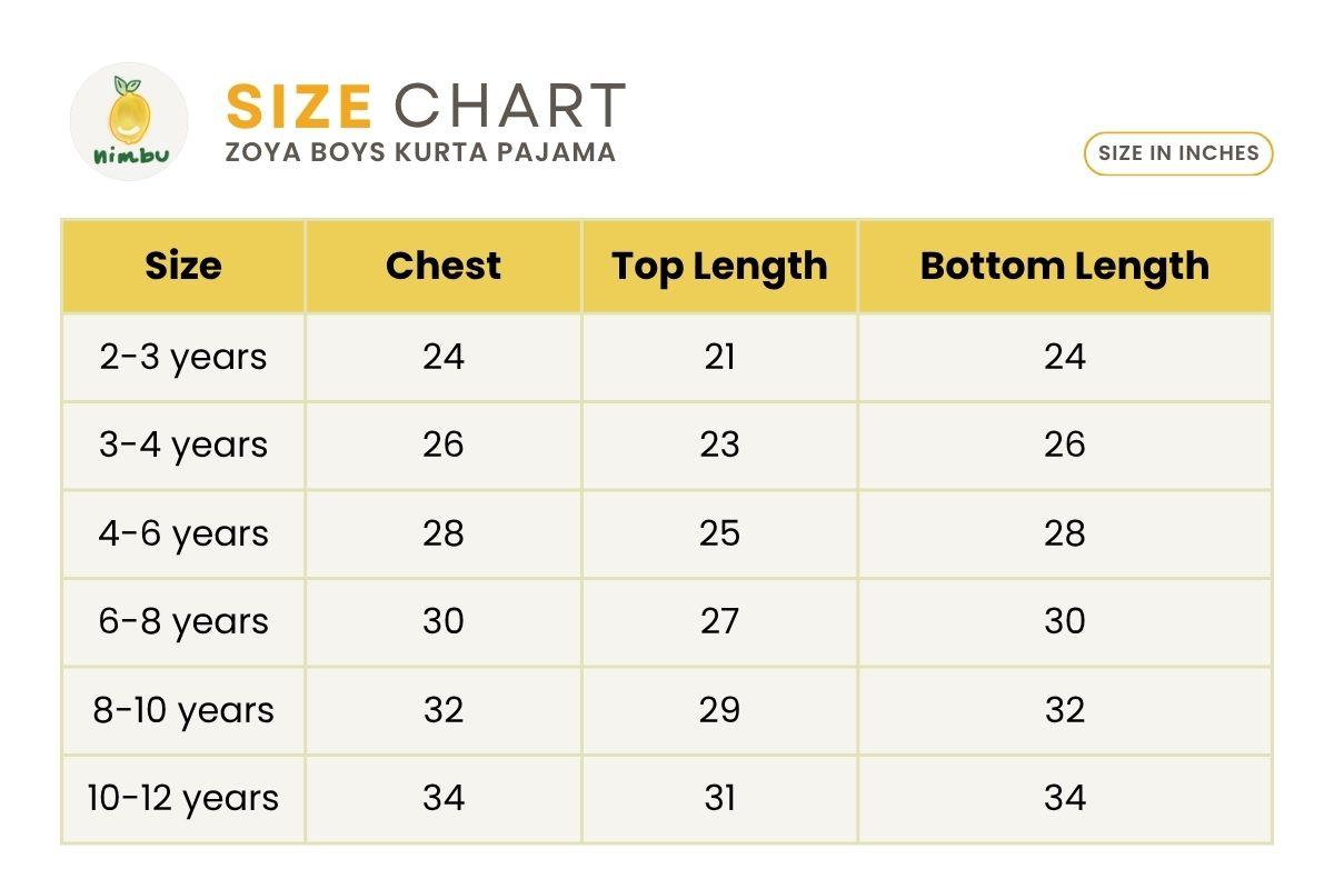 Size guide for Zoya Boys White & Gold Kurta Pajama in Cotton