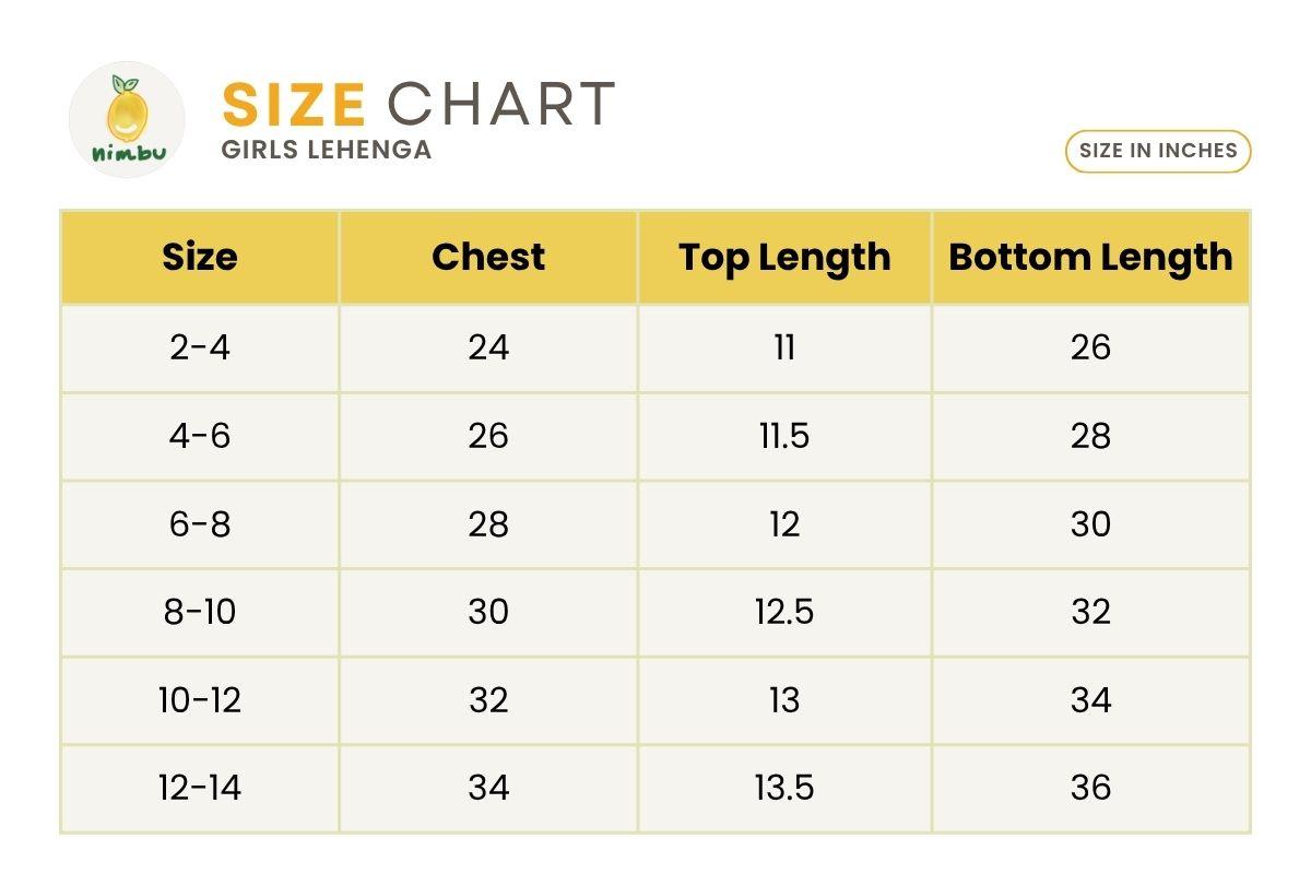 Size guide for Rhea Yellow & Pink Girls Sleeveless Lehenga Set with Dupatta