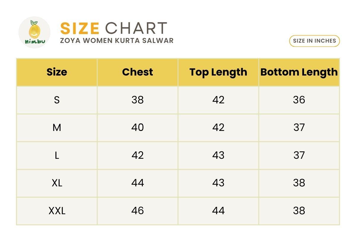 Size guide for Zoya Women White & Gold Kurta Salwar in Cotton