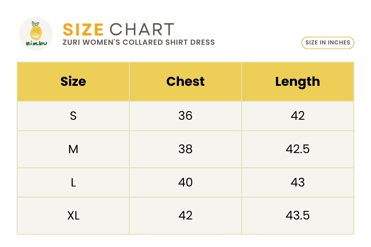Size guide for Zuri Blue Tiles Women's Collared Belted Dress