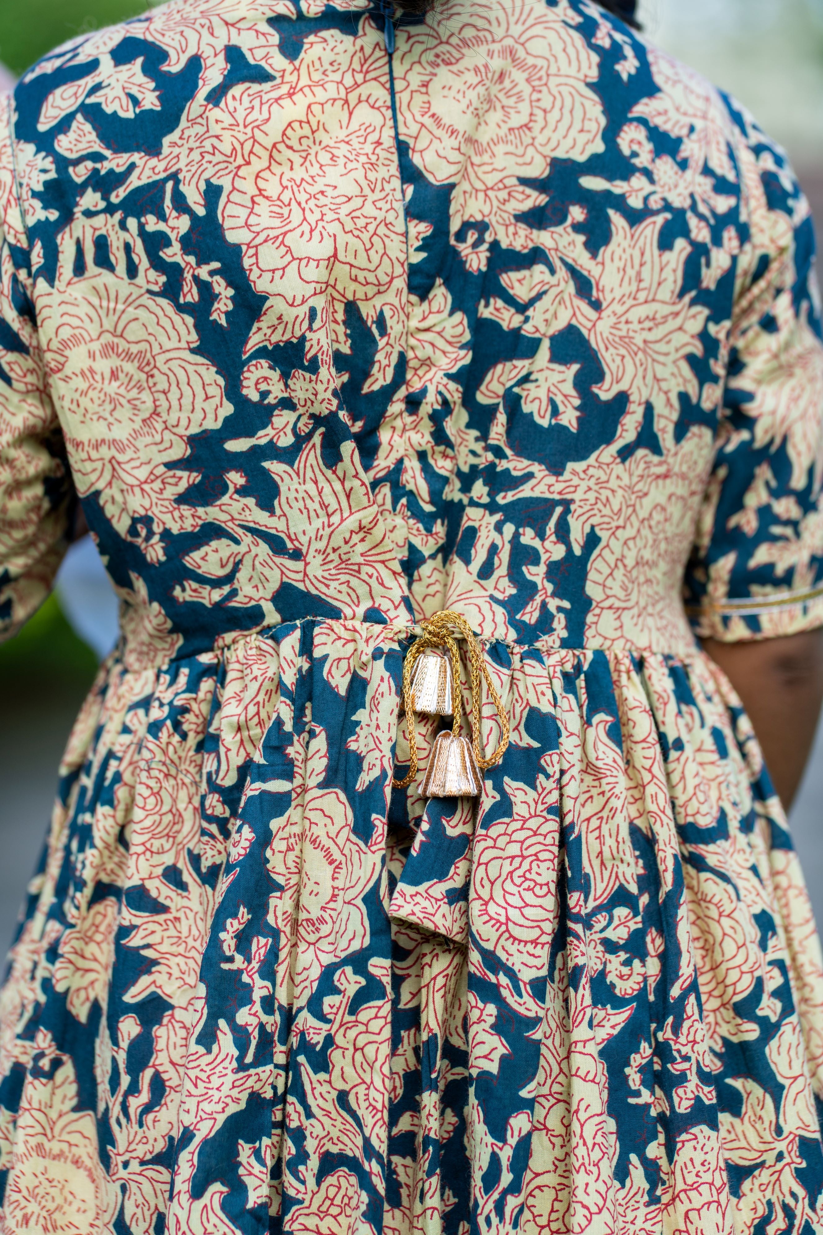 Aishara Anarkali Gown Dress in Blue & Beige Block Print