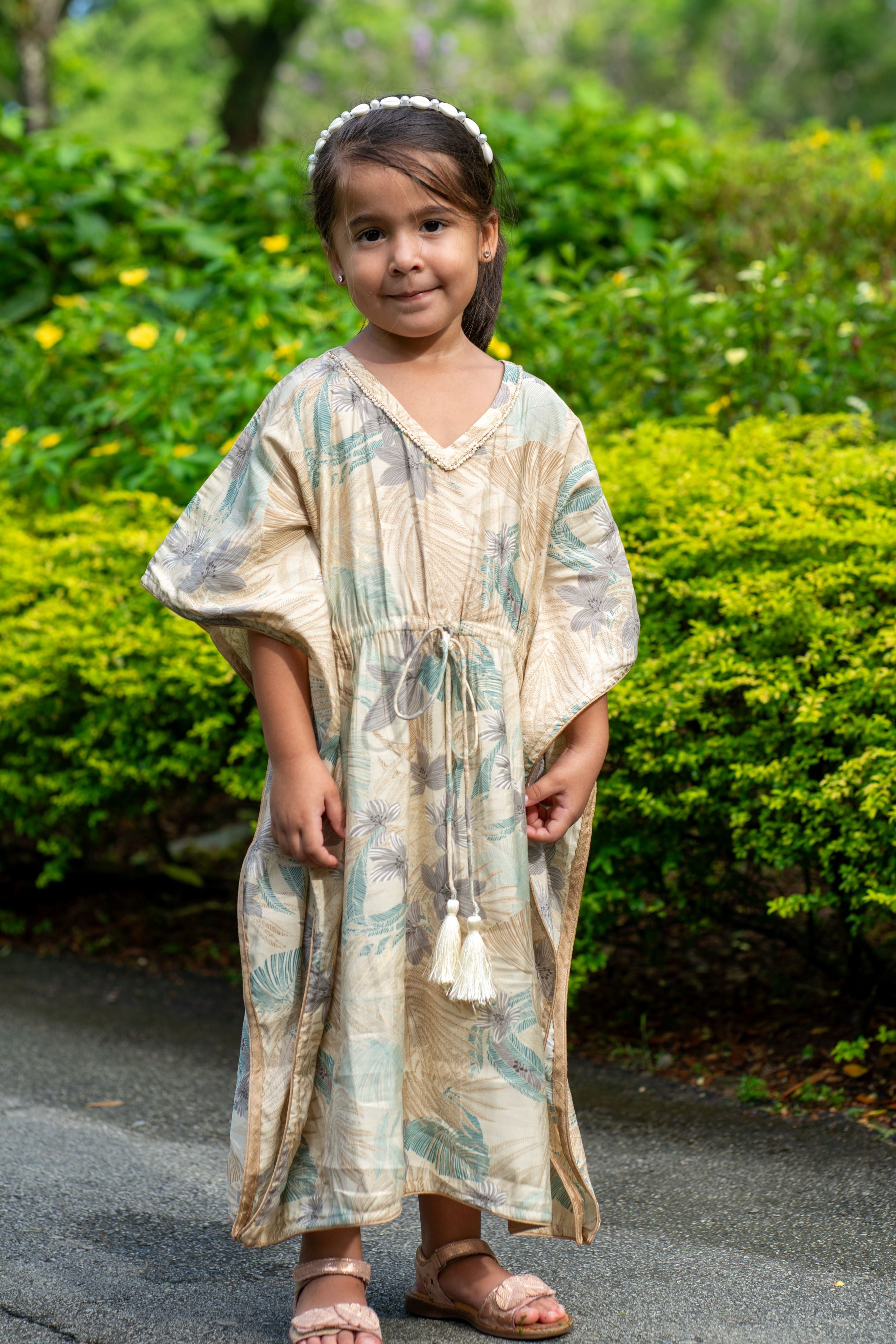 Arya Girls' Long Kaftan Dress in Metallic Blue with Gold Accents