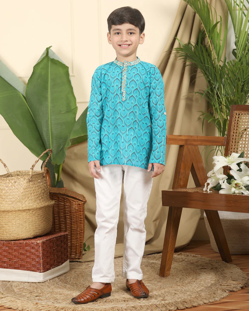 Miko Lolo Blue and Gold Embroidered Kurta for Boys