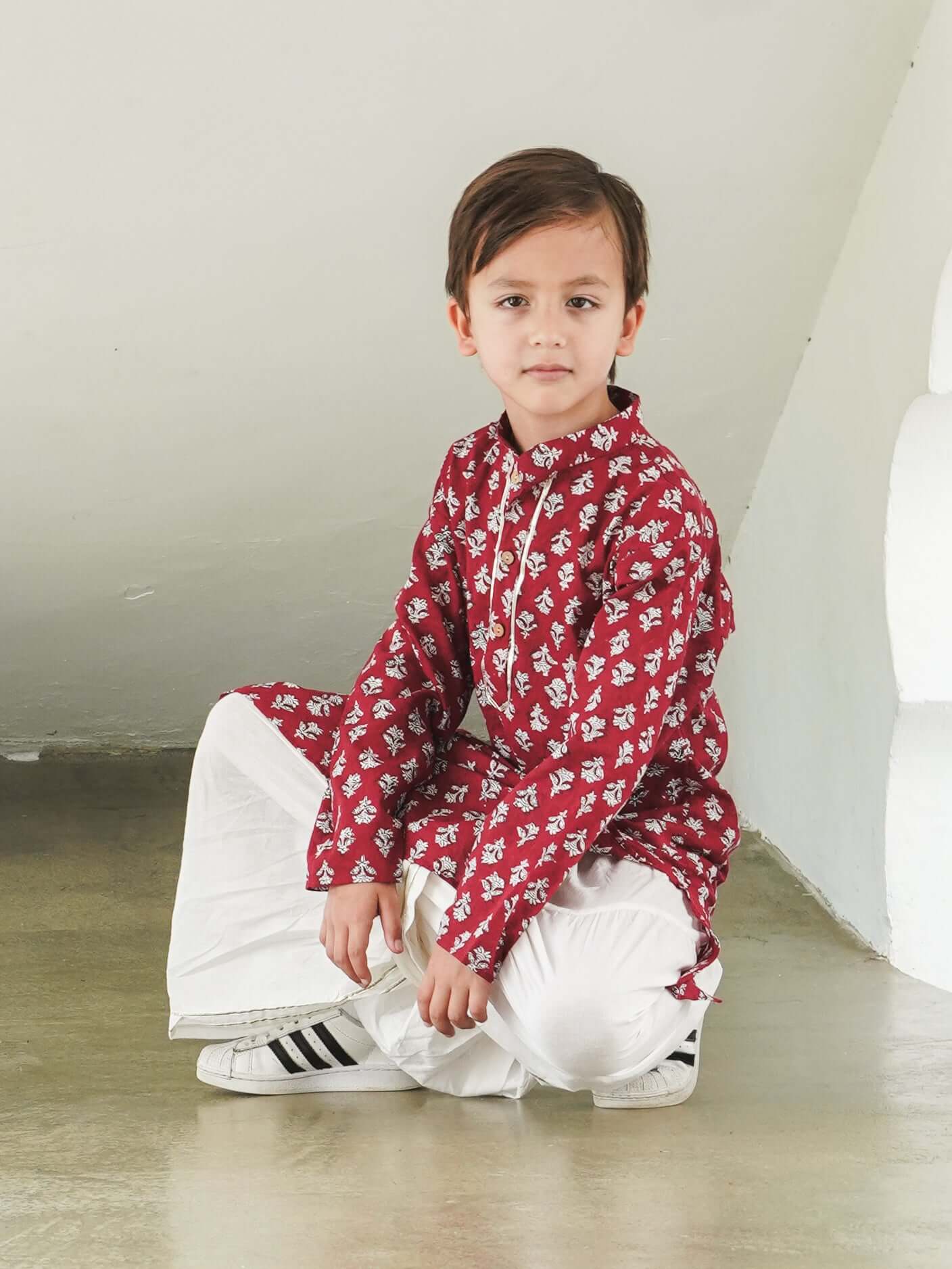 Jashn Handblock Booti Maroon Boys Kurta Dhoti in Cotton