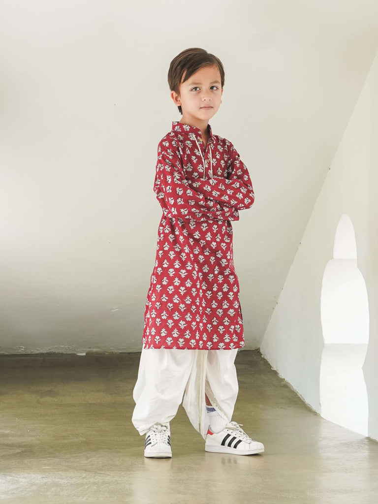 Jashn Handblock Booti Maroon Boys Kurta Dhoti in Cotton