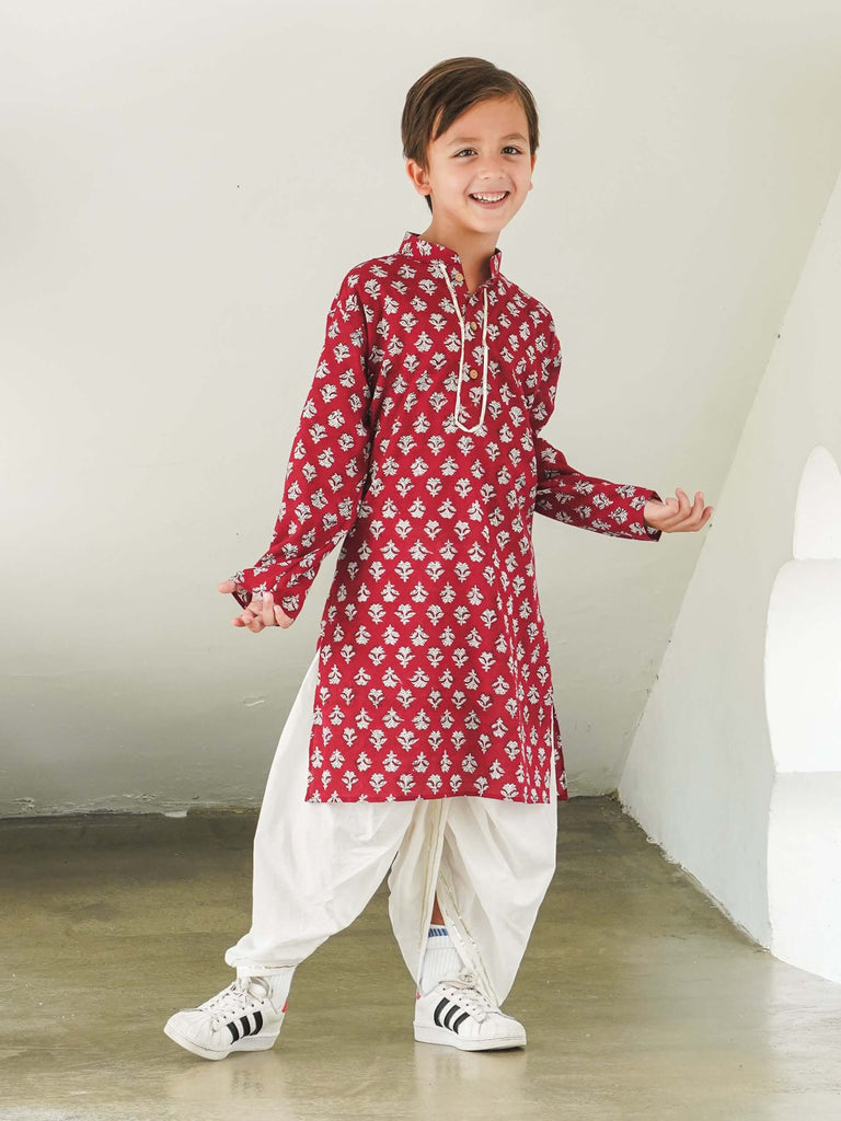 Jashn Handblock Booti Maroon Boys Kurta Dhoti in Cotton