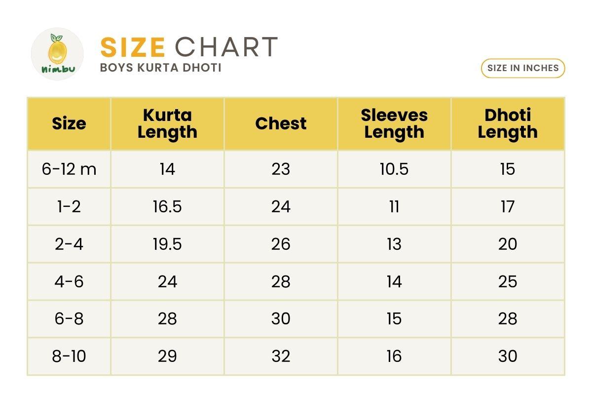 Size guide for Rooh Pink Boys Kurta Dhoti in Muslin Cotton