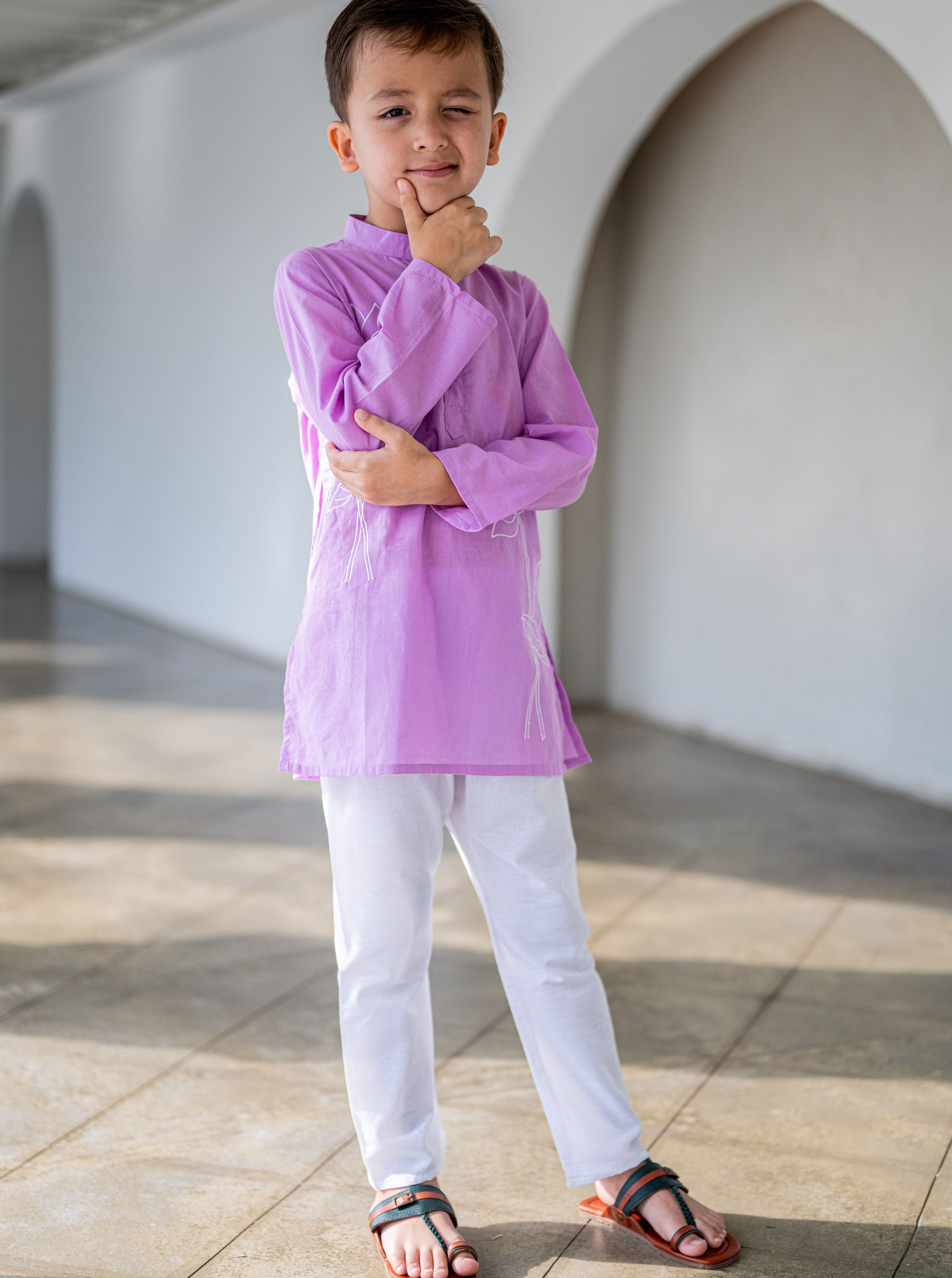 Nimbu singapore Embroidered Lotus Purple Kurta Pajama Set