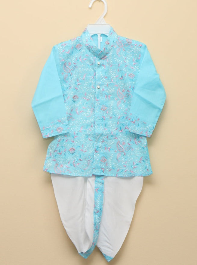 Pastel Blue Embroidered Cotton Dhoti/Pajama Set - Nimbu Kids