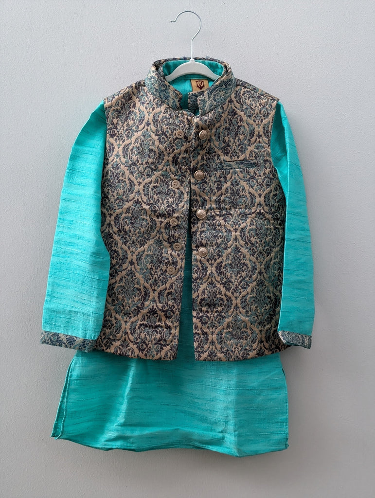 [8-10 years]Preloved Blue Kurta with Patterned Nehru Jacket Set