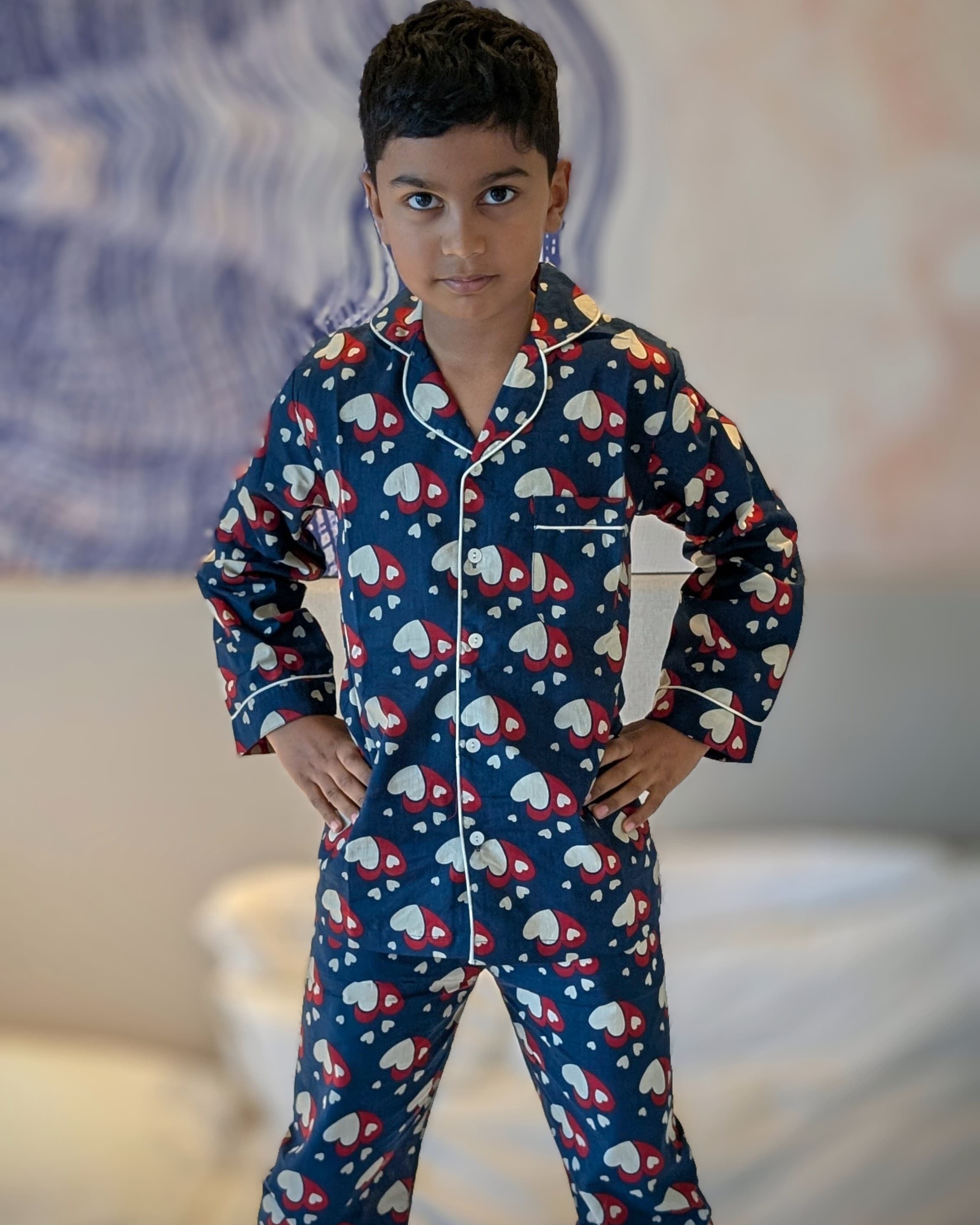 Christmas heart print pajama set in blue cotton for kids