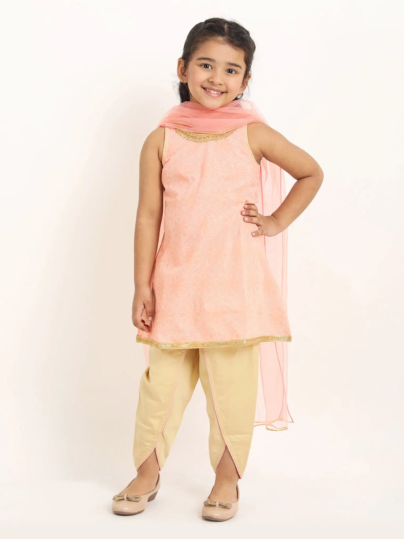 Vaani Dhoti Kurta Set with Dupatta in Khari Print in Pink & Gold
