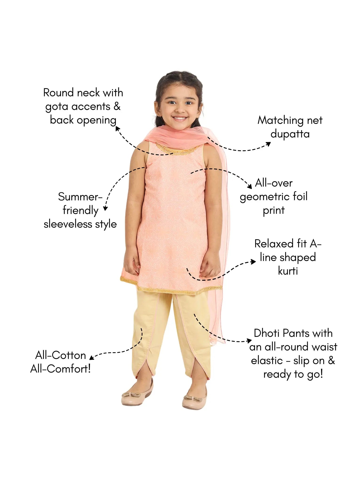 Vaani Dhoti Kurta Set with Dupatta in Khari Print in Pink & Gold