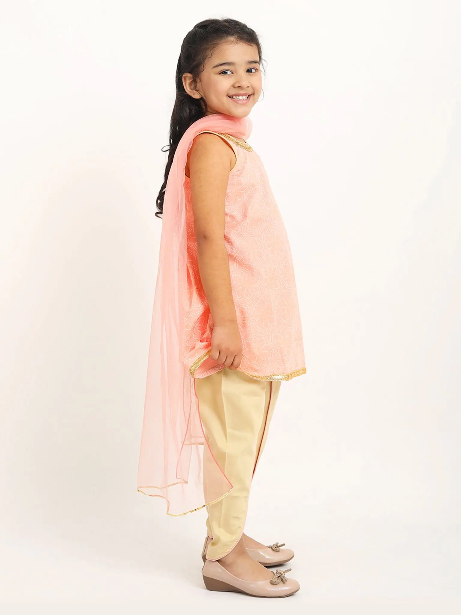 Vaani Dhoti Kurta Set with Dupatta in Khari Print in Pink & Gold
