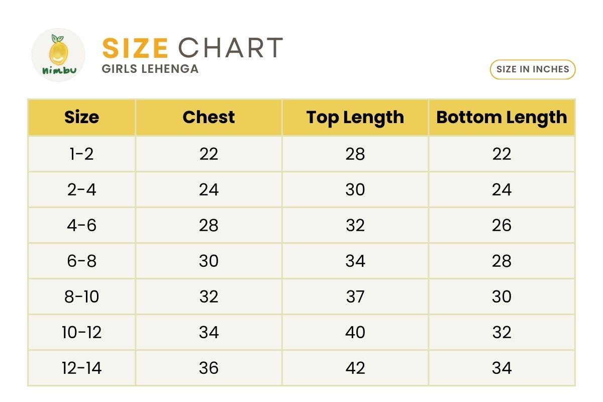 Size guide for Nia Girls Lehenga Choli Skirt Top in Muslin Cotton