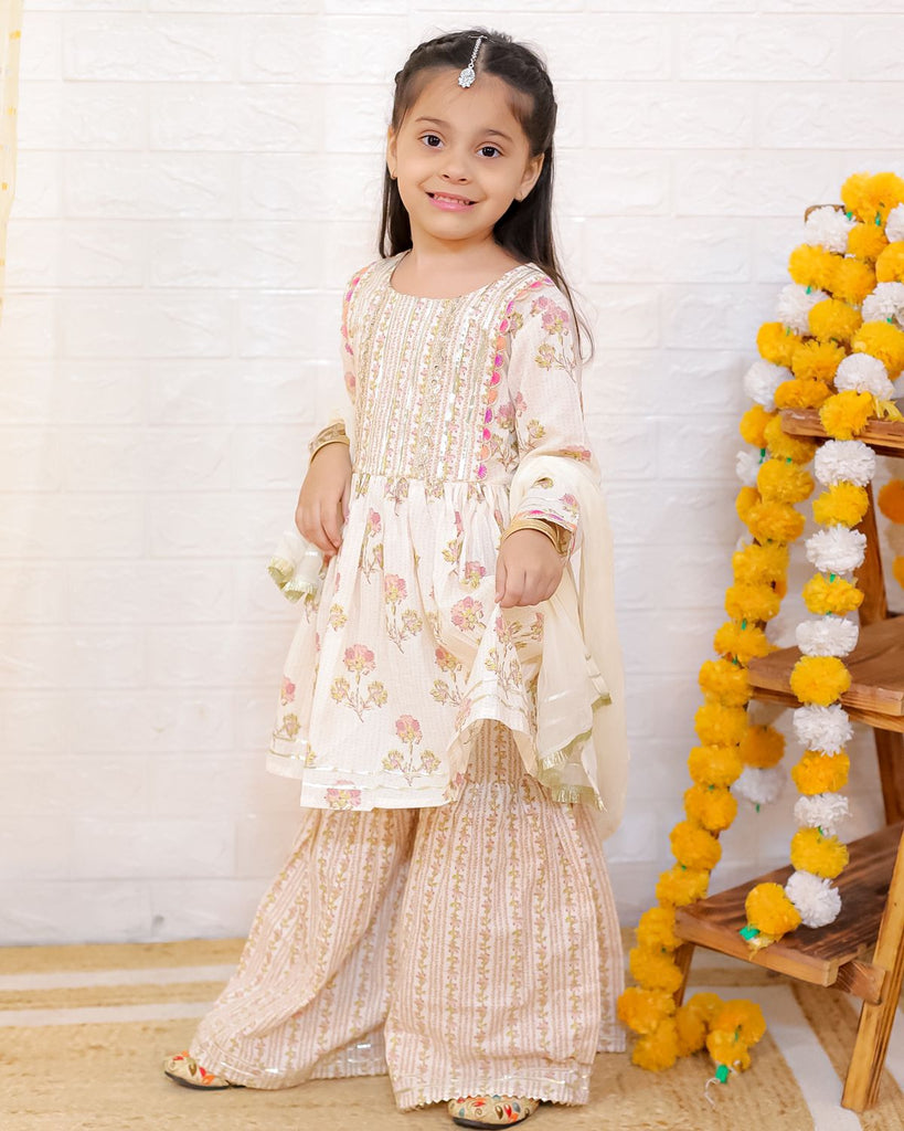 Pink Bloom Cotton Girls Kurti Sharara with matching Dupatta