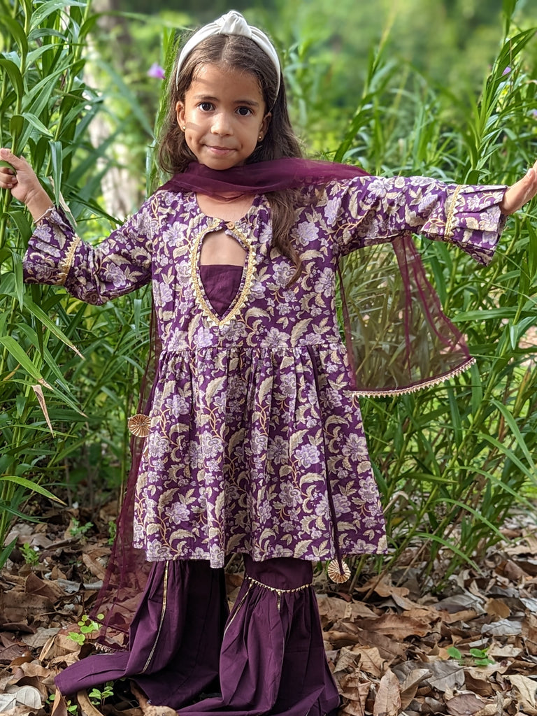 'Naaz' Sharara Set for girls in Royal Purple Nimbu kids singapore