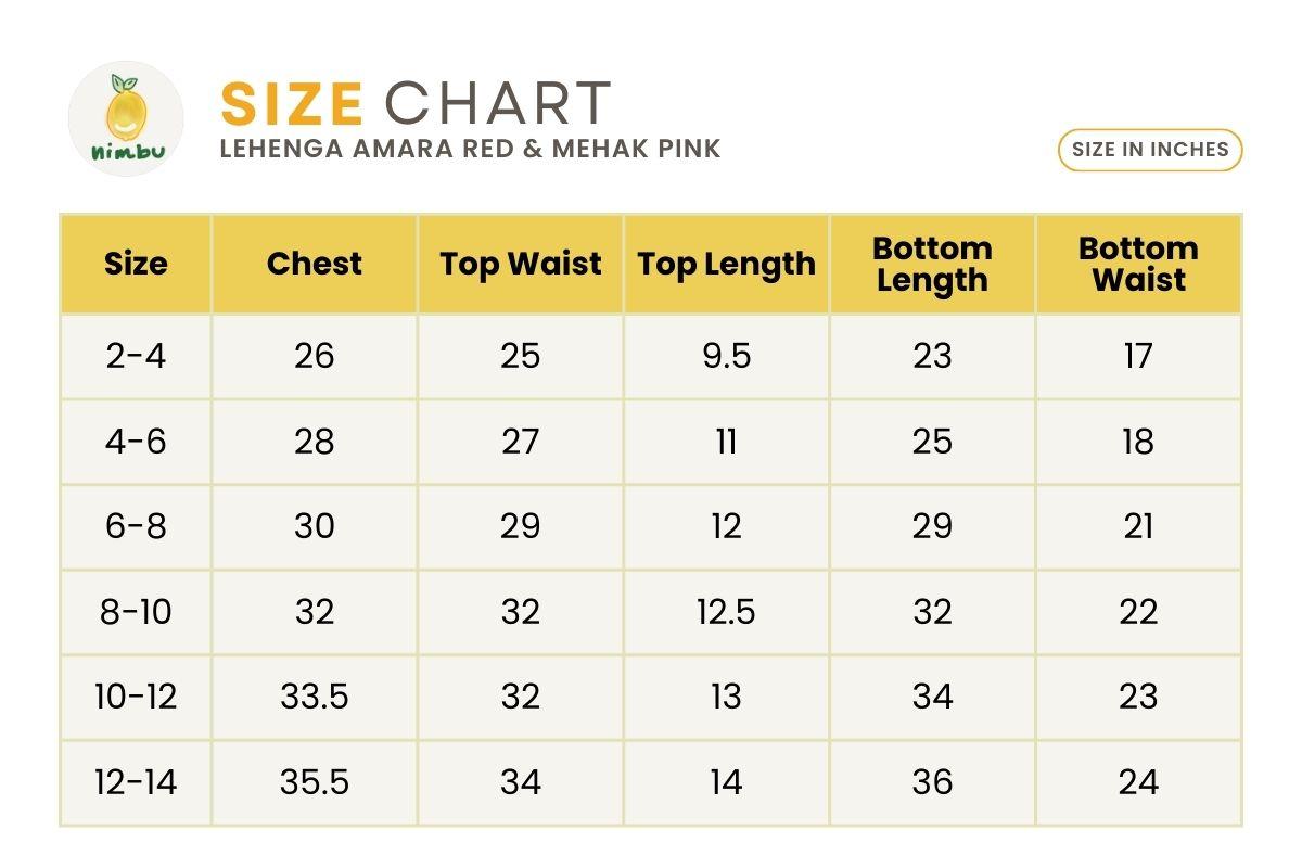 Size guide for Amara Red Girls Halter Lehenga Choli with Chanderi Dupatta in Muslin Cotton