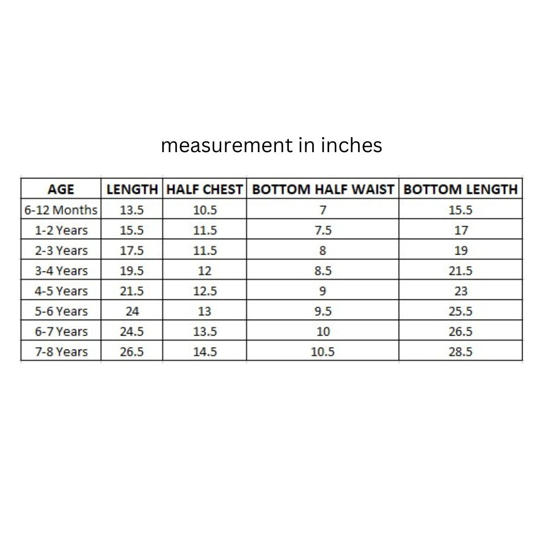 size chart for yellow kurta salwar set for girls