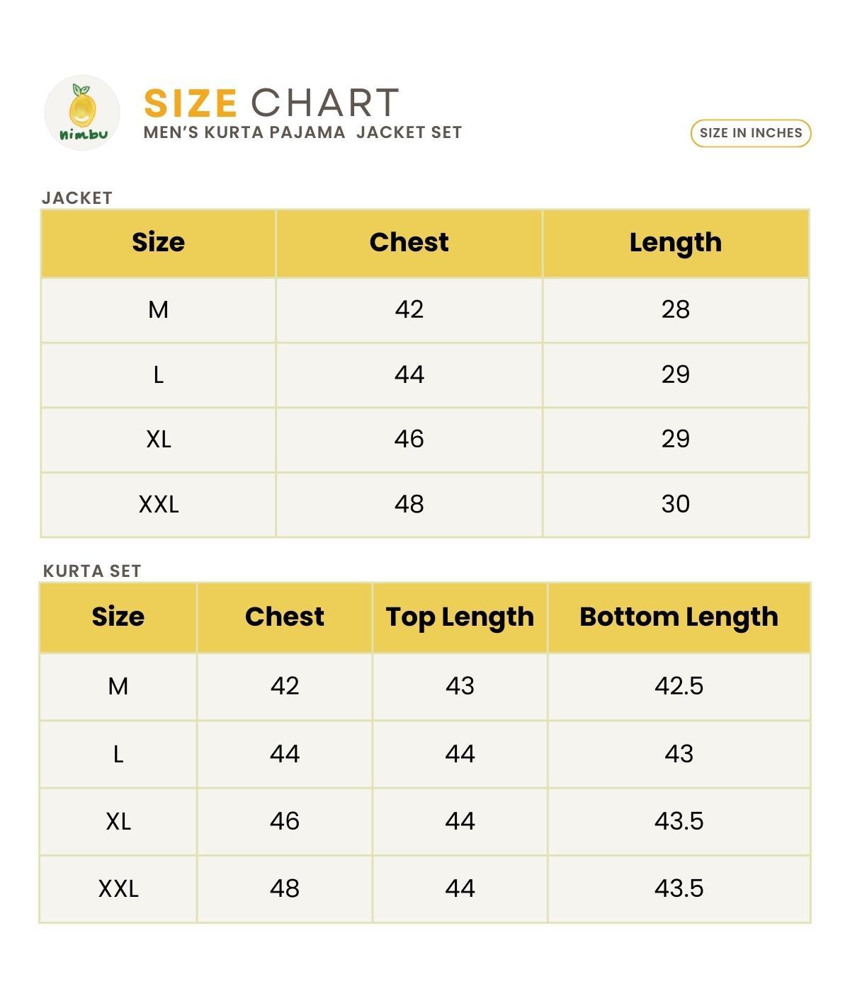 Size guide for Gul Blue Men's Kurta Pajama Jacket Set in Cotton