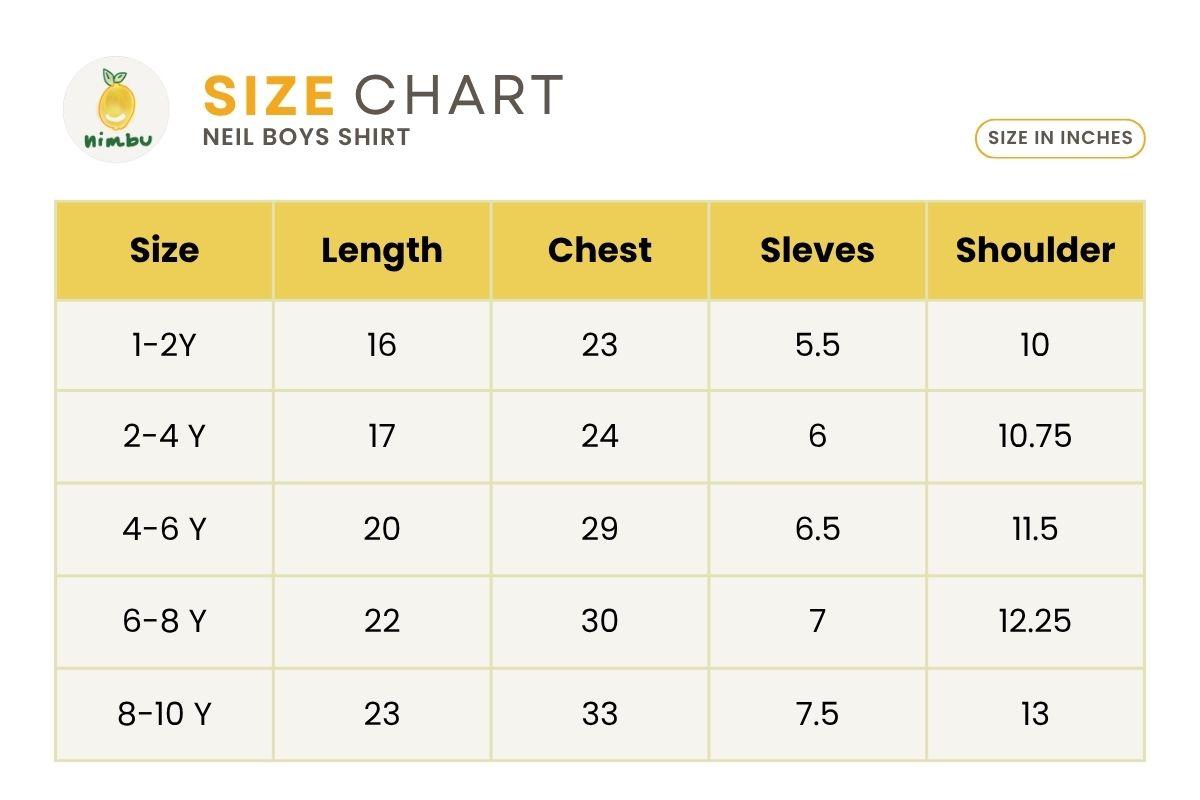 Size guide for Neil Blue Shells Unisex Kids Cotton Shirt