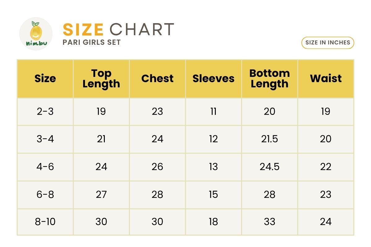 Size guide for Pari Angel White Mul Chanderi Girls Flared Palazzo Set