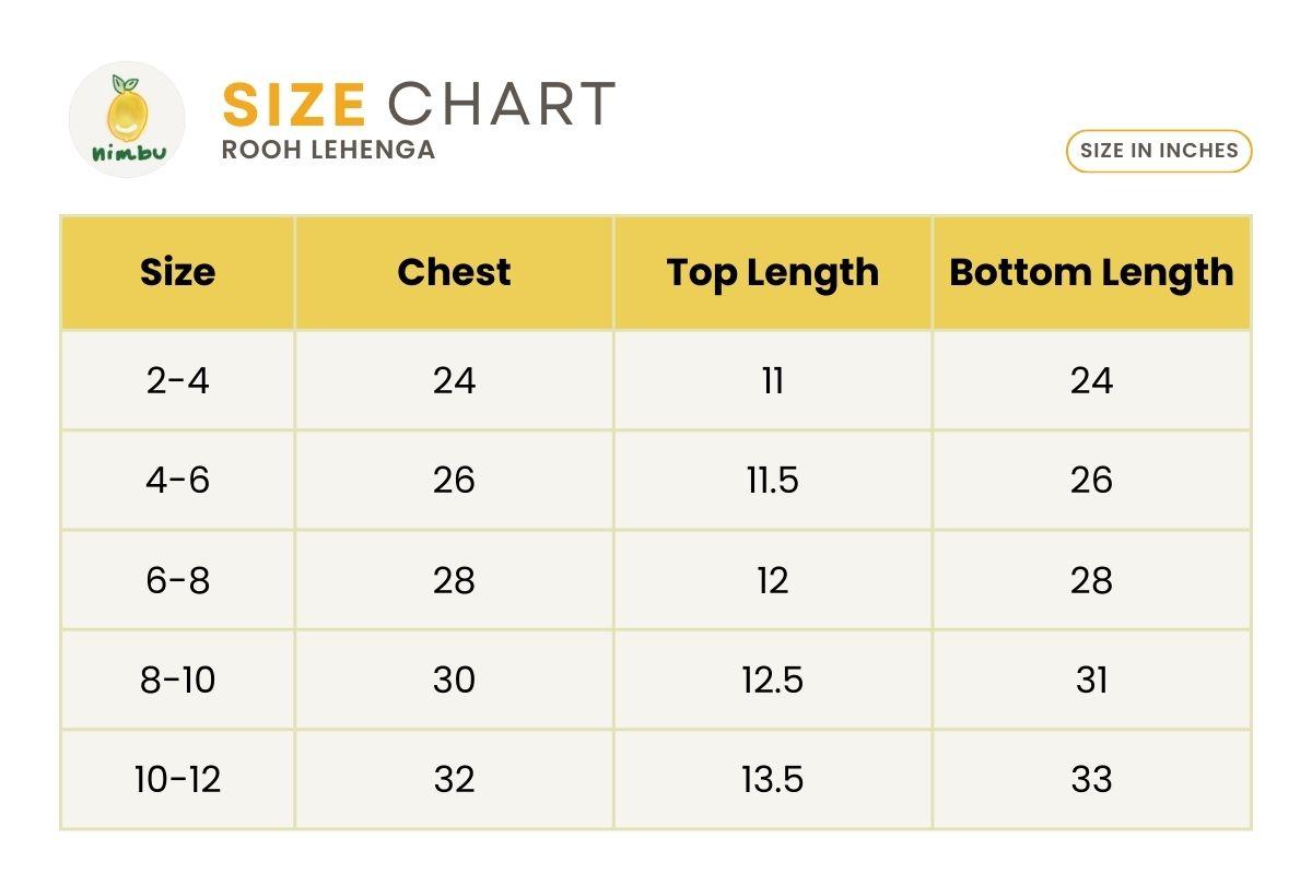 Size guide for Rooh Pink Girls Lehenga Choli Set with Dupatta in Muslin Cotton