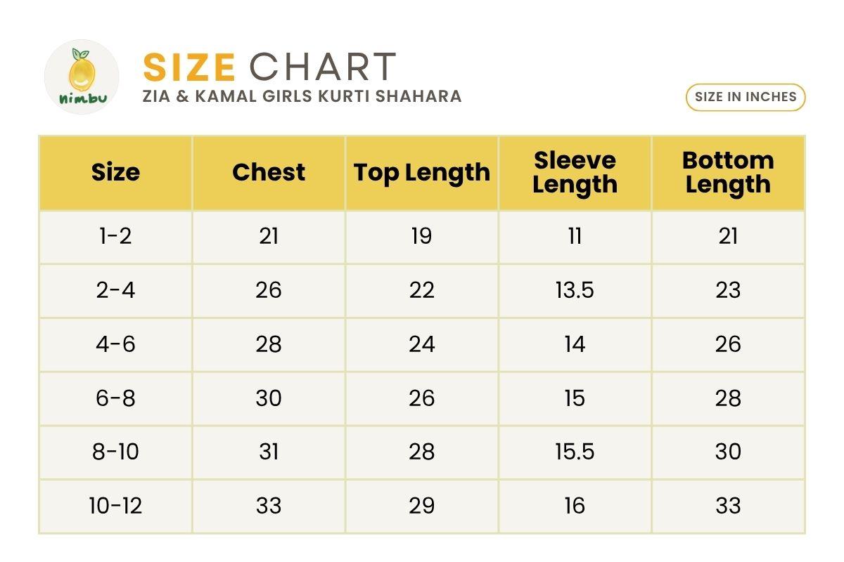 Size guide for Kamal Pink & Gold Multi-Print Girls Kurti Sharara Set in Cotton
