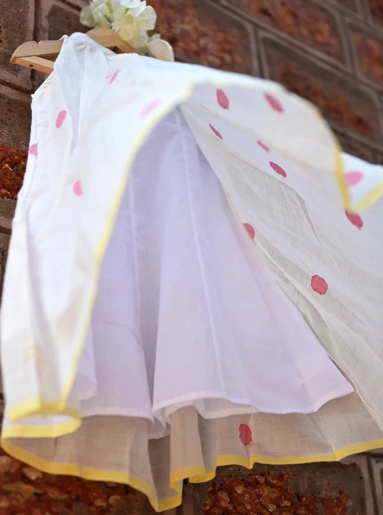 White Halter Neck Dress in Pink Polka Jamdani - Nimbu Kids