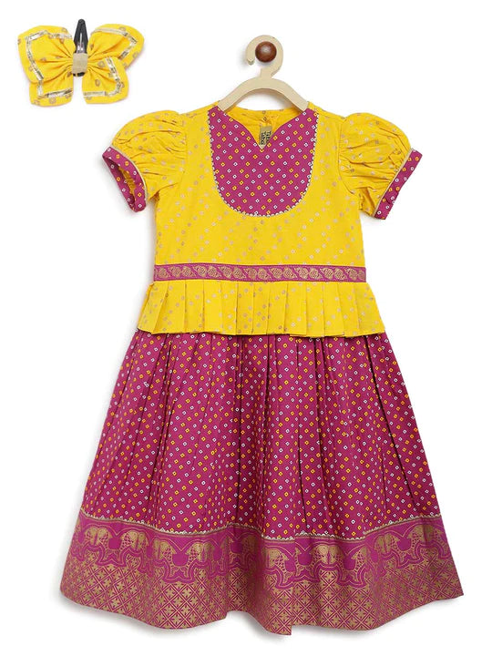 North meets South Bandhani Cotton Pavadai in Yellow & Purple - Nimbu Kids