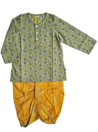 Sage Green & Mustard Floral Paisley Print Cotton Kurta with Dhoti pants - Nimbu Kids