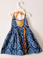 Tie-Dye Bandhani Cotton Frock in Blue & Yellow - Nimbu Kids