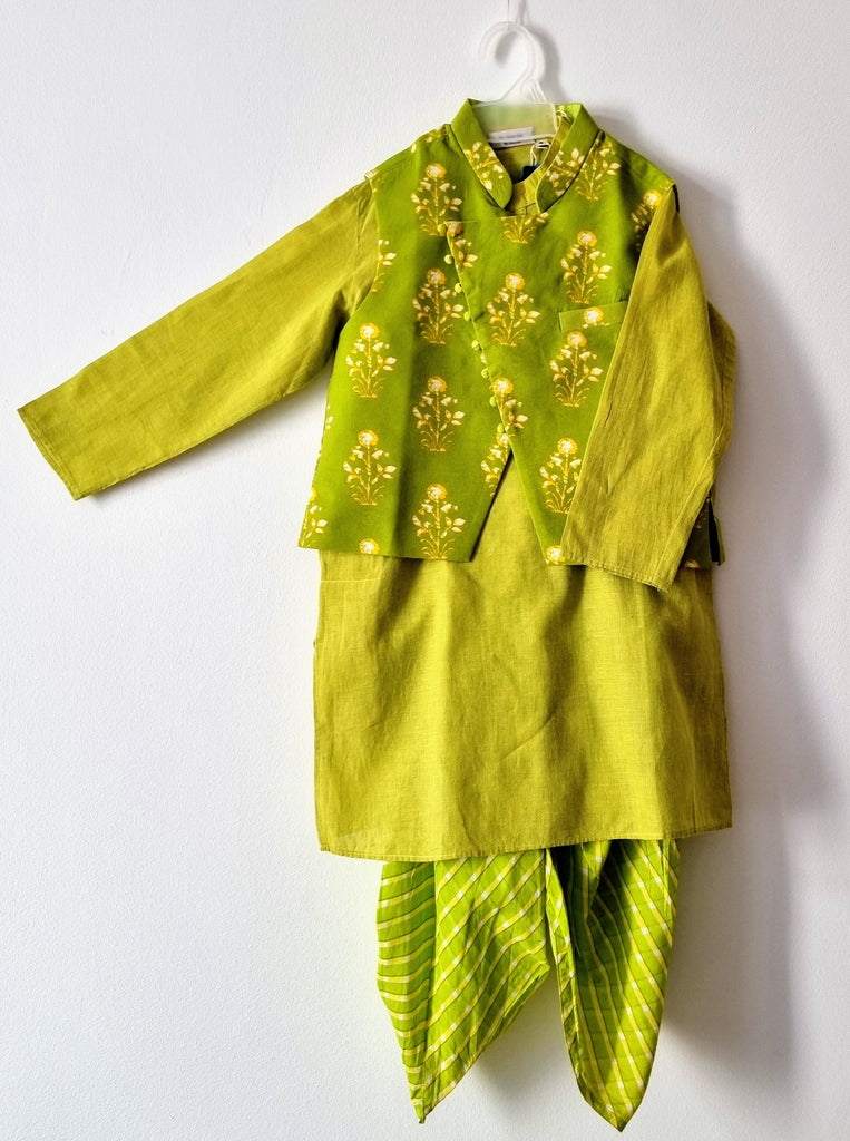 [6-7 yrs] Preloved Soft Cotton Light Green Kurta and Jacket Set - Nimbu Kids