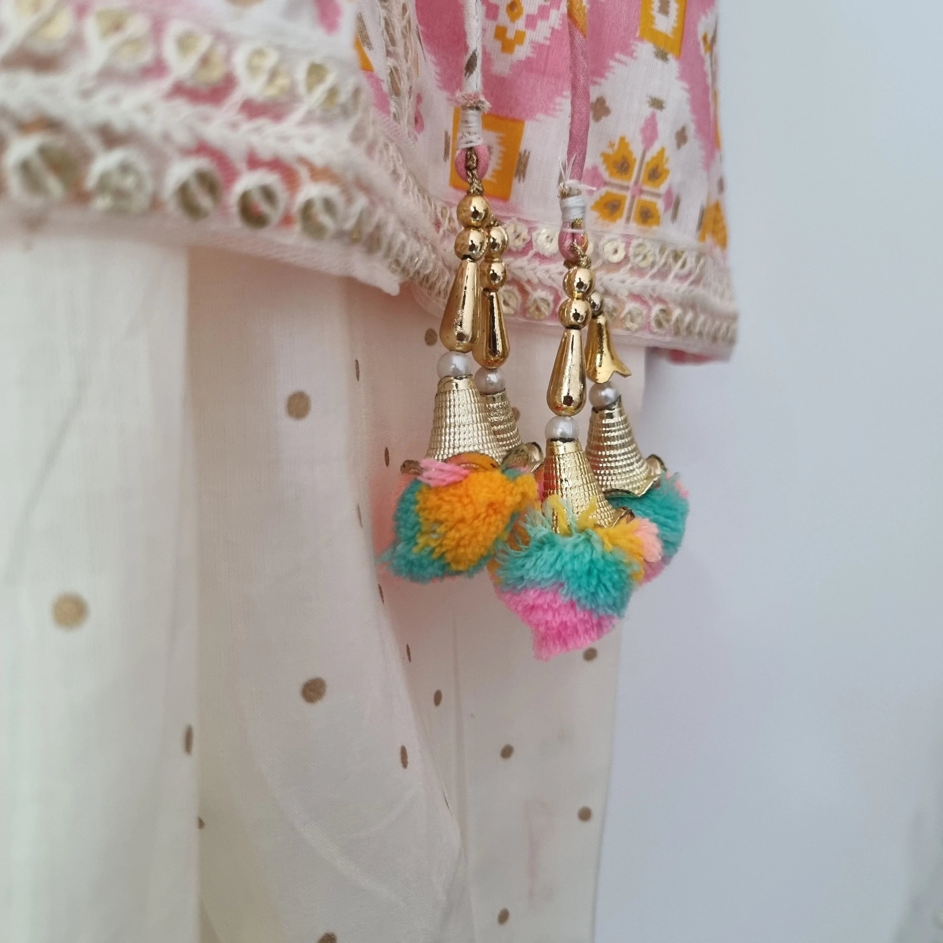 Pastel Pink Ikat Angarkha Kurti with Unicorn Colour Tassels - Nimbu Kids