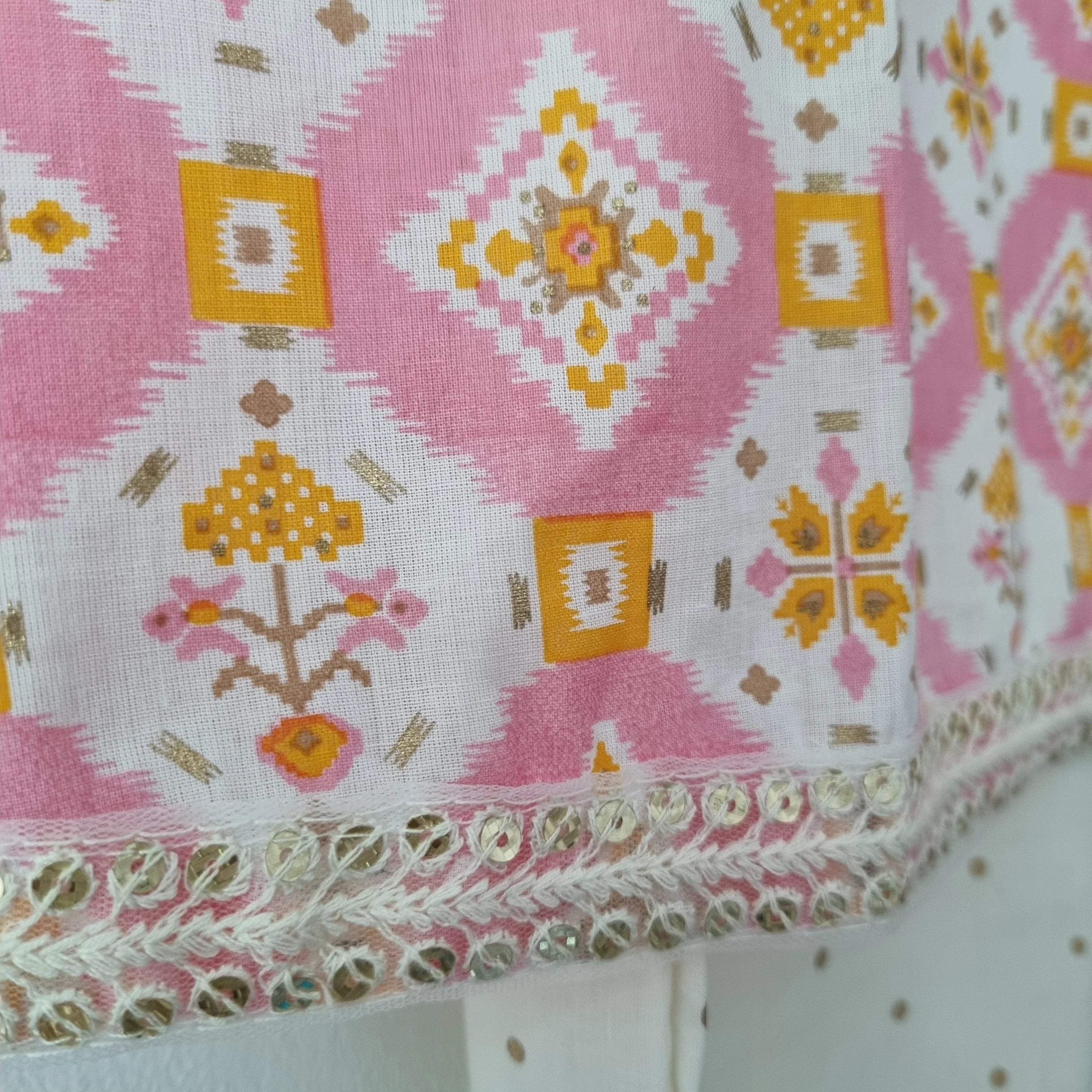 Pastel Pink Ikat Angarkha Kurti with Unicorn Colour Tassels - Nimbu Kids