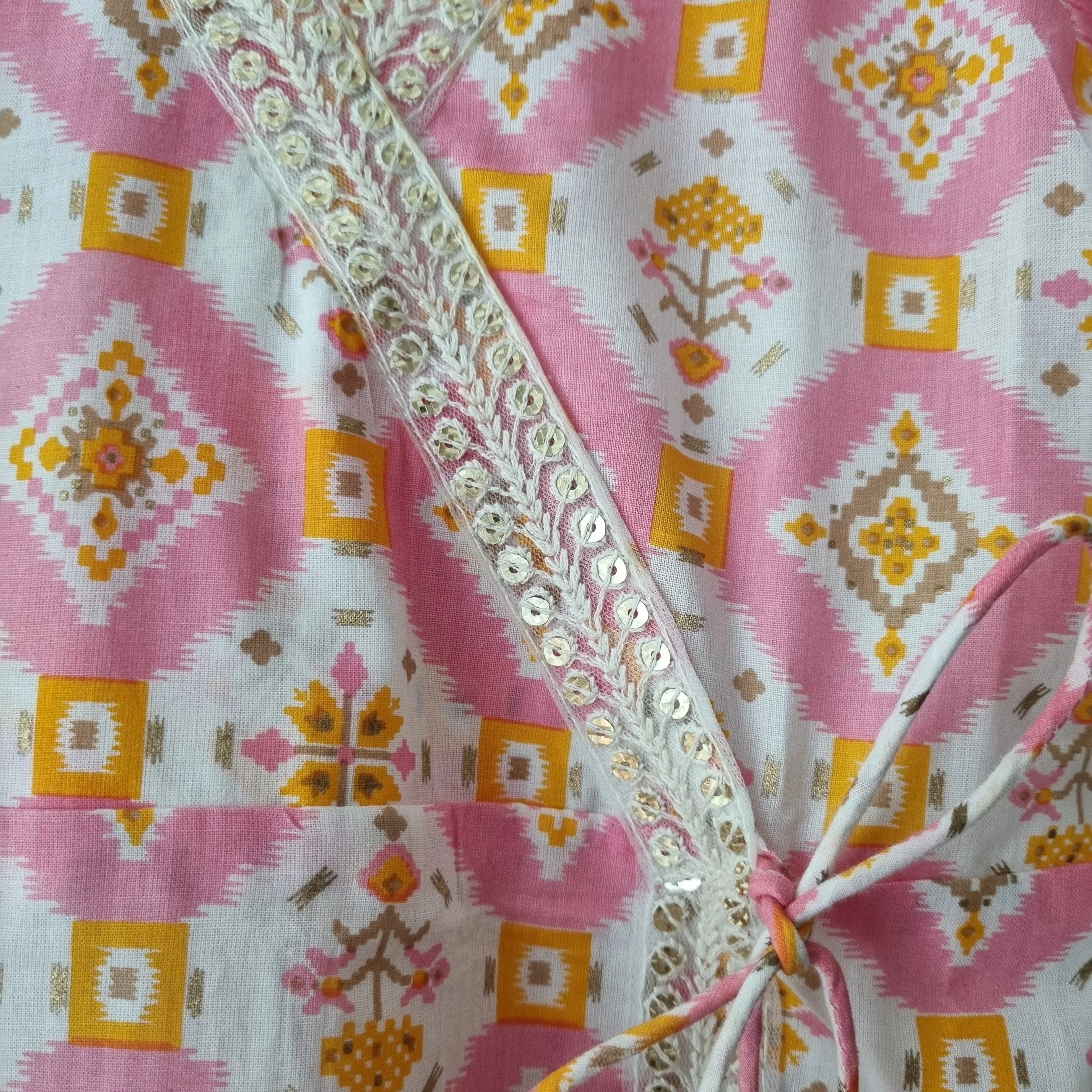 Pastel Pink Ikat Angarkha Kurti with Unicorn Colour Tassels - Nimbu Kids