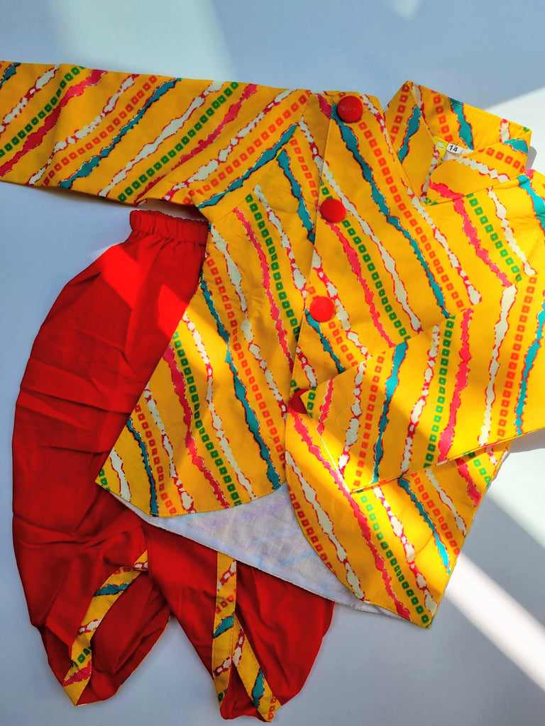 Jodhpuri Leheriya Jacket with Dhoti Pants in Yellow & Red - Nimbu Kids
