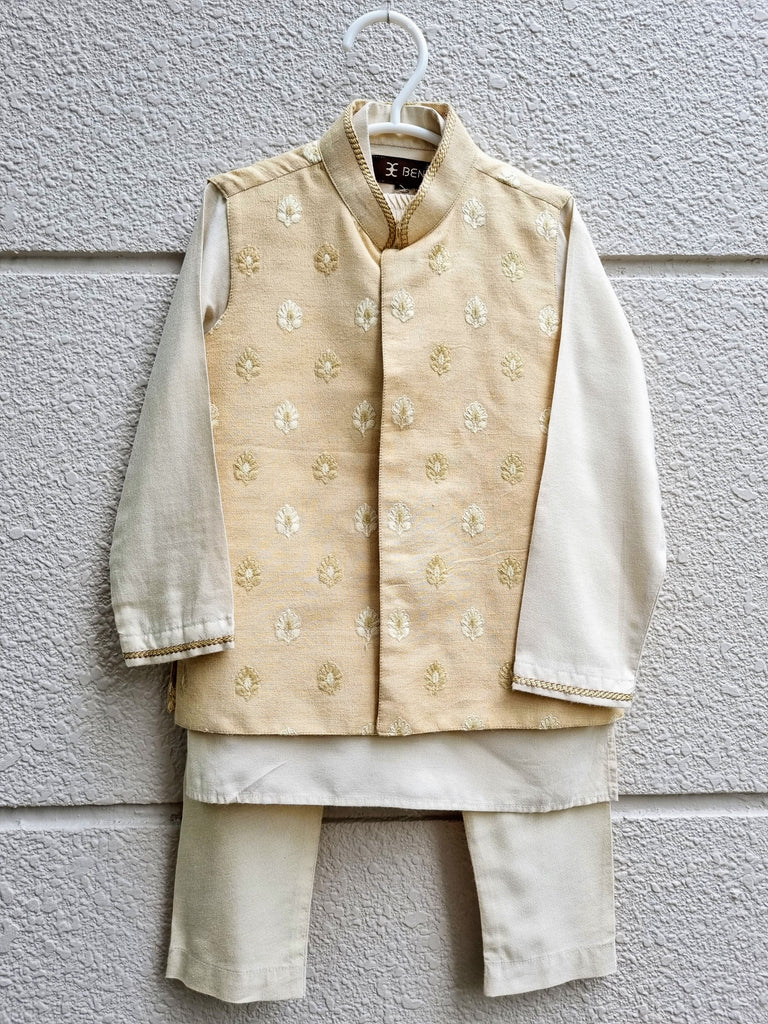 [2-3 yrs] Preloved Beige Embroidered Jacket & Soft Cotton Kurta Pajama Set - Nimbu Kids