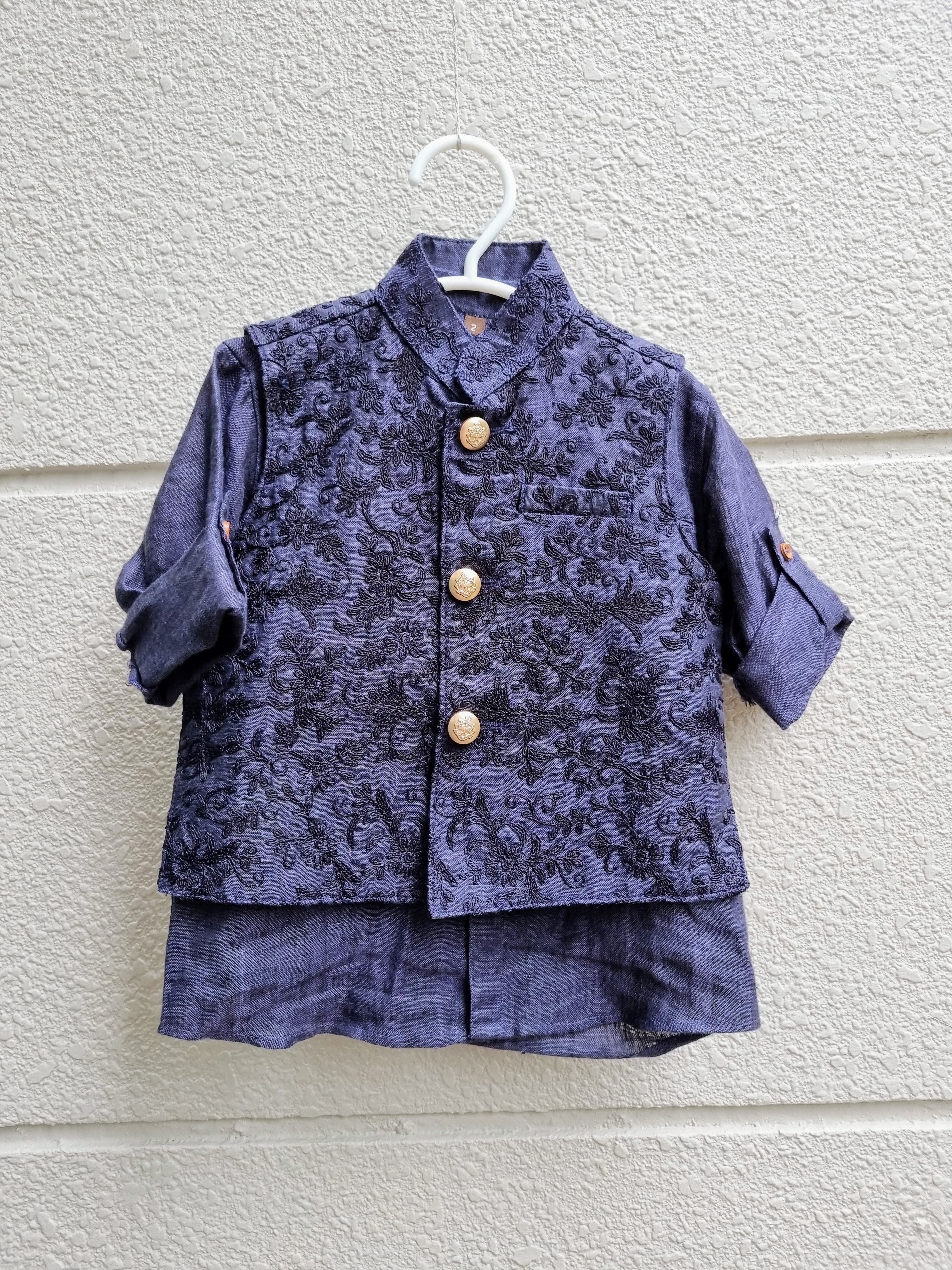 [2-3 yrs] Preloved Navy Blue Embroidered Jacket, Shirt & Pants Set - Nimbu Kids