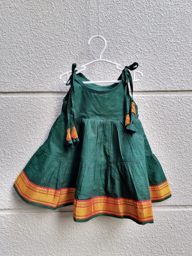 Festive Green Sari Frock with Silk Border - Nimbu Kids