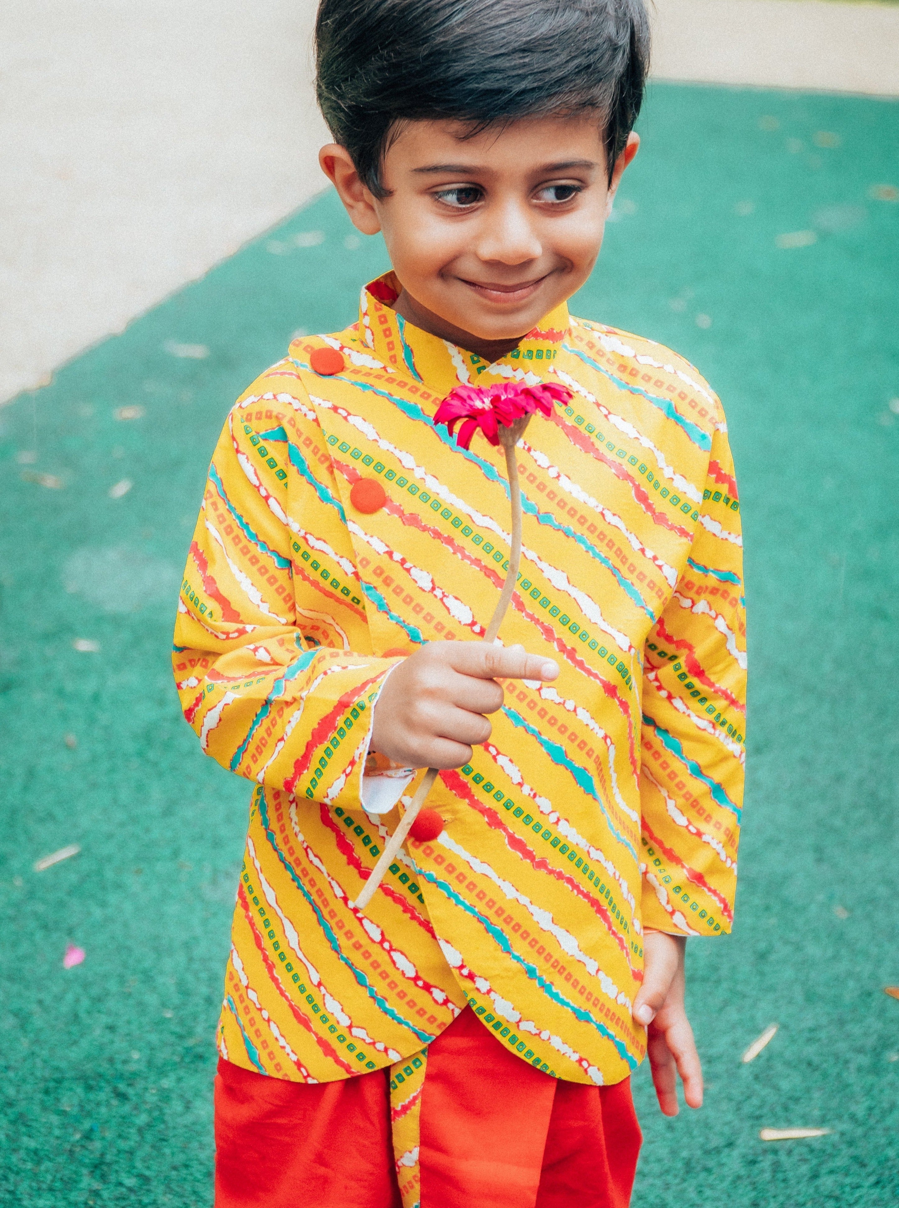 Jodhpuri Leheriya Jacket with Dhoti Pants in Yellow & Red - Nimbu Kids