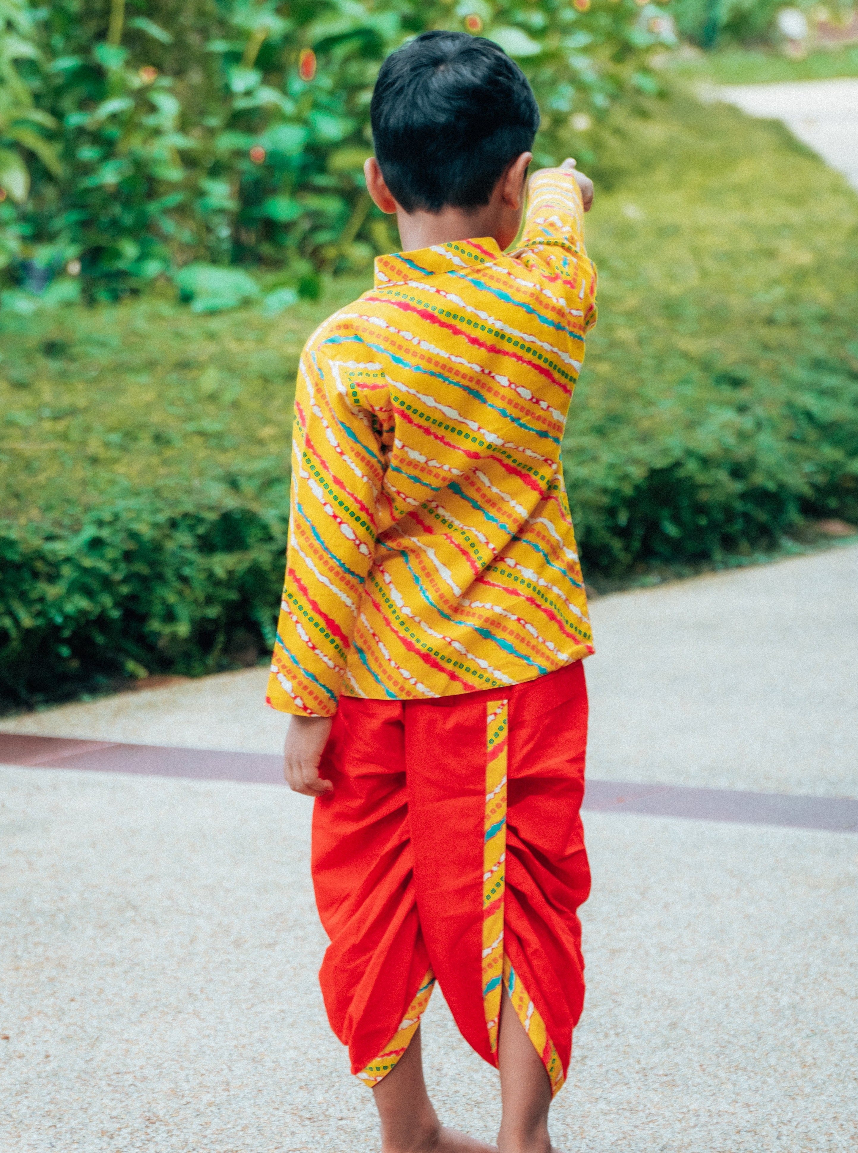 Jodhpuri Leheriya Jacket with Dhoti Pants in Yellow & Red - Nimbu Kids