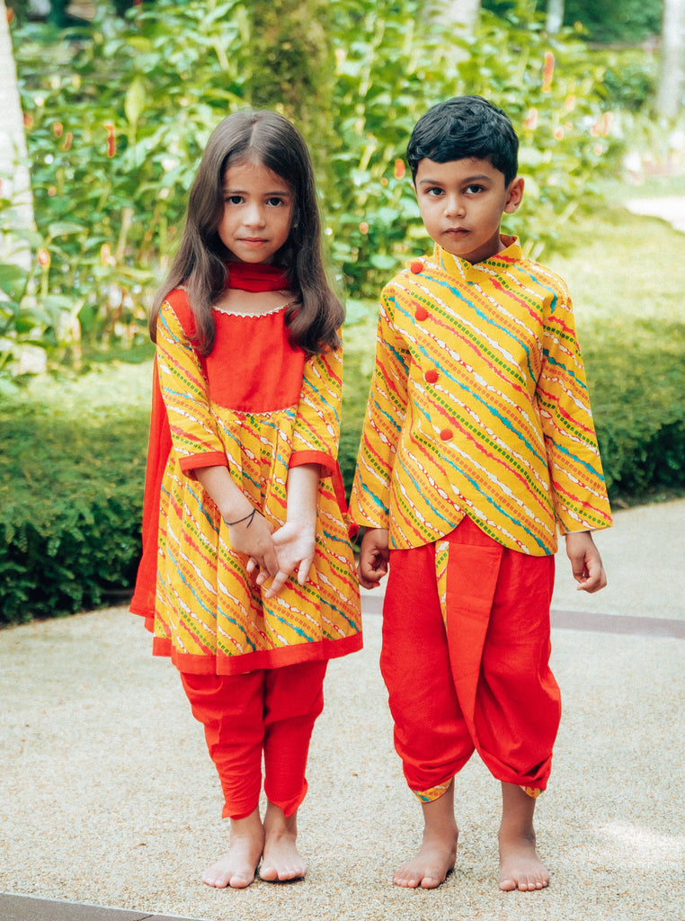 Jodhpuri Leheriya Jacket with Dhoti Pants in Yellow & Red - Nimbu Kids
