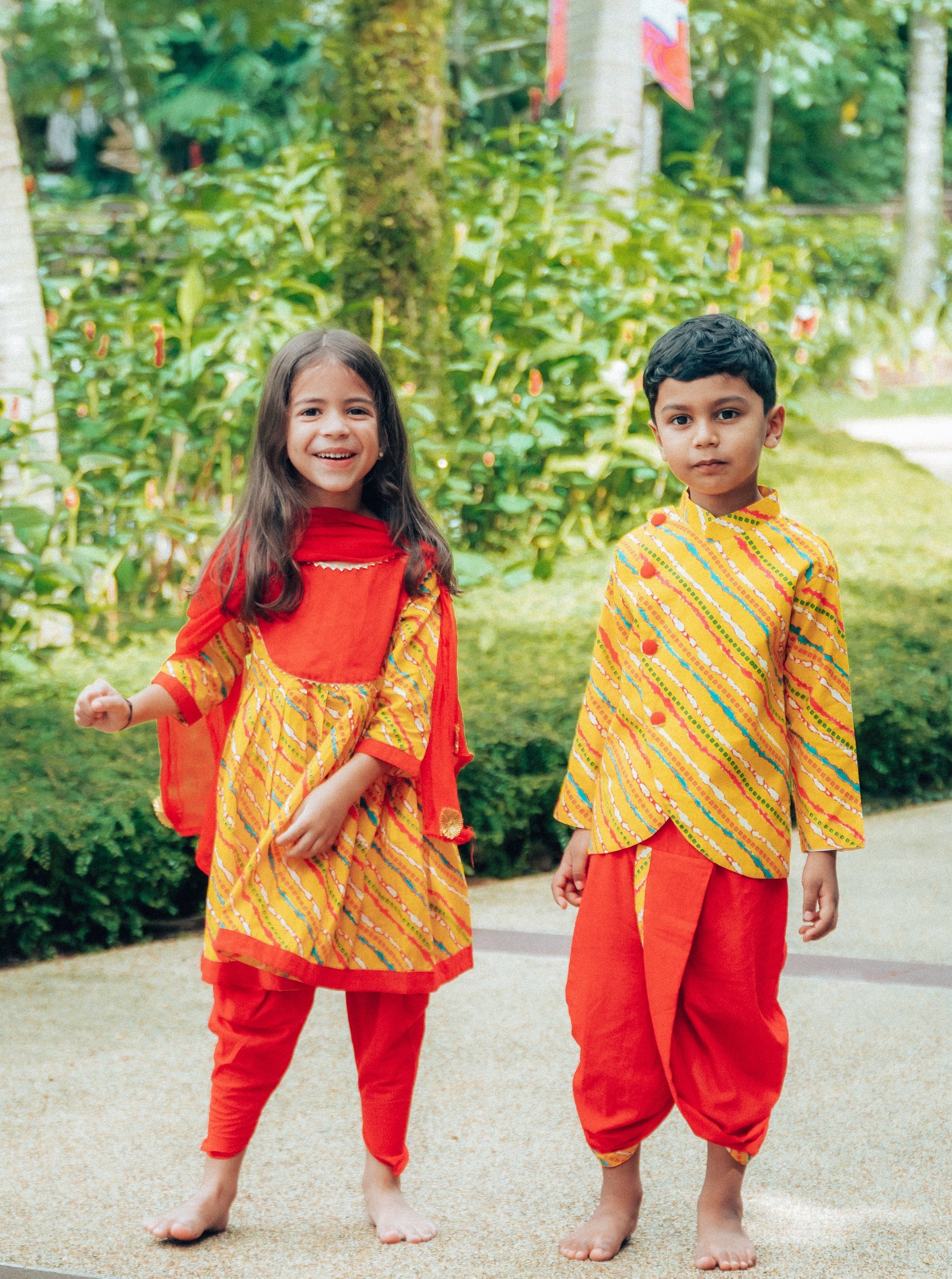 Jodhpuri Leheriya Kurti with Dhoti Pants in Yellow & Red - Nimbu Kids